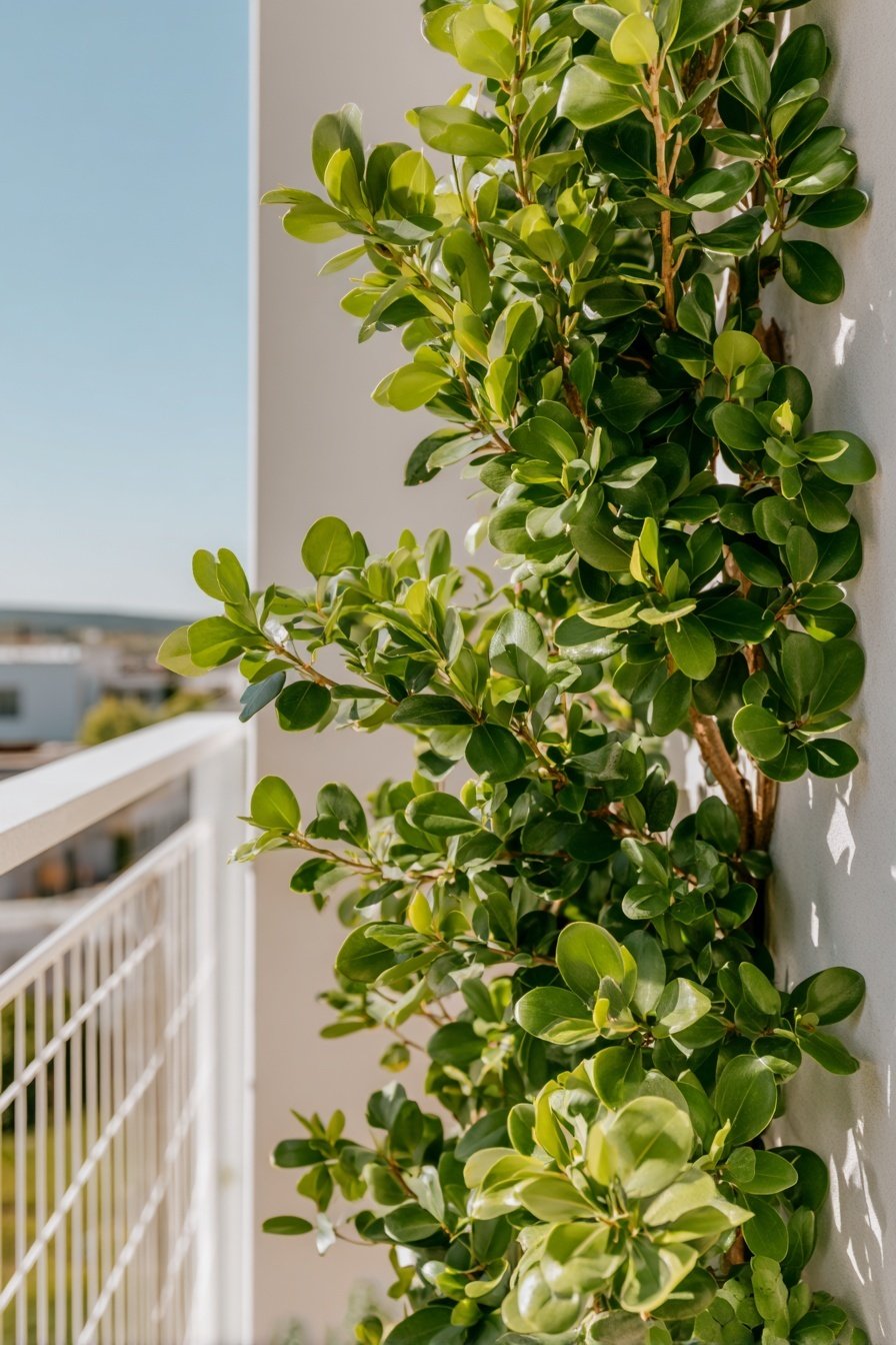 Grüne Kletterpflanzen an einer weißen Balkonwand bei Sonnenschein