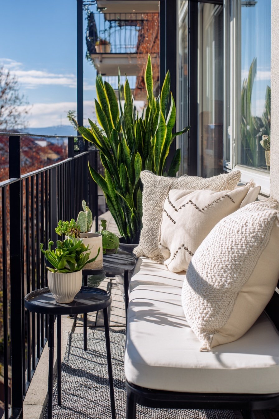 Moderner Balkon mit Sitzbank, hellen Kissen, Pflanzen und schwarzem Geländer