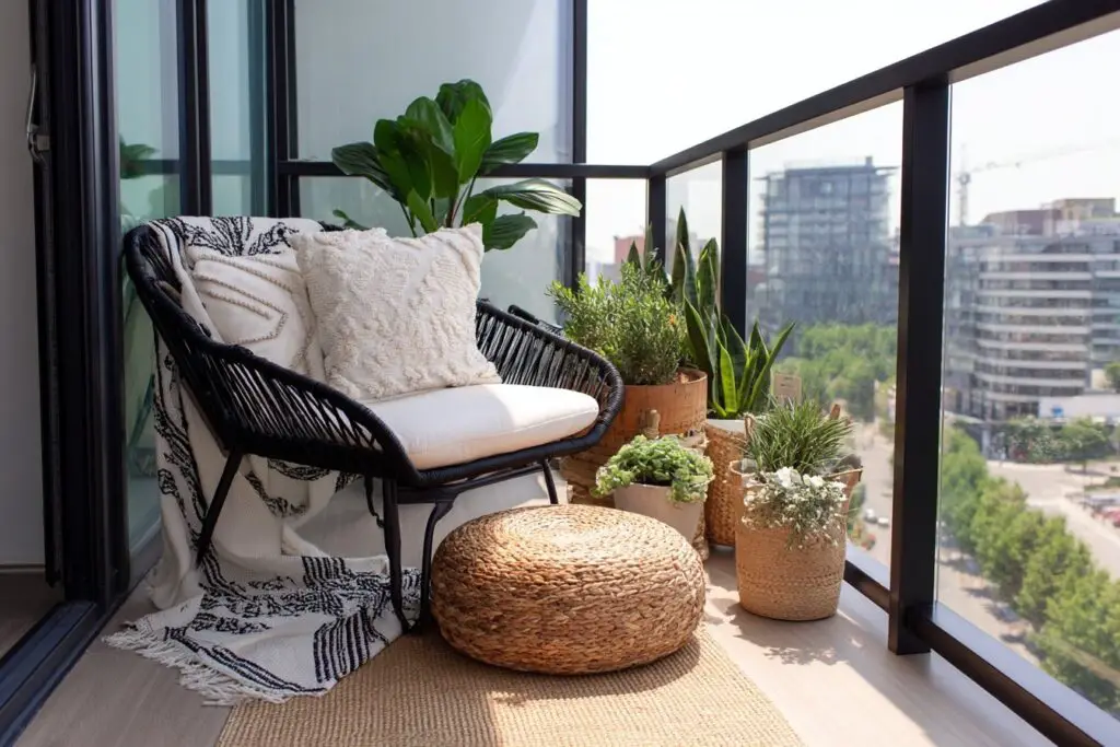 moderner Balkon mit Sessel, Pouf und vielen Pflanzen