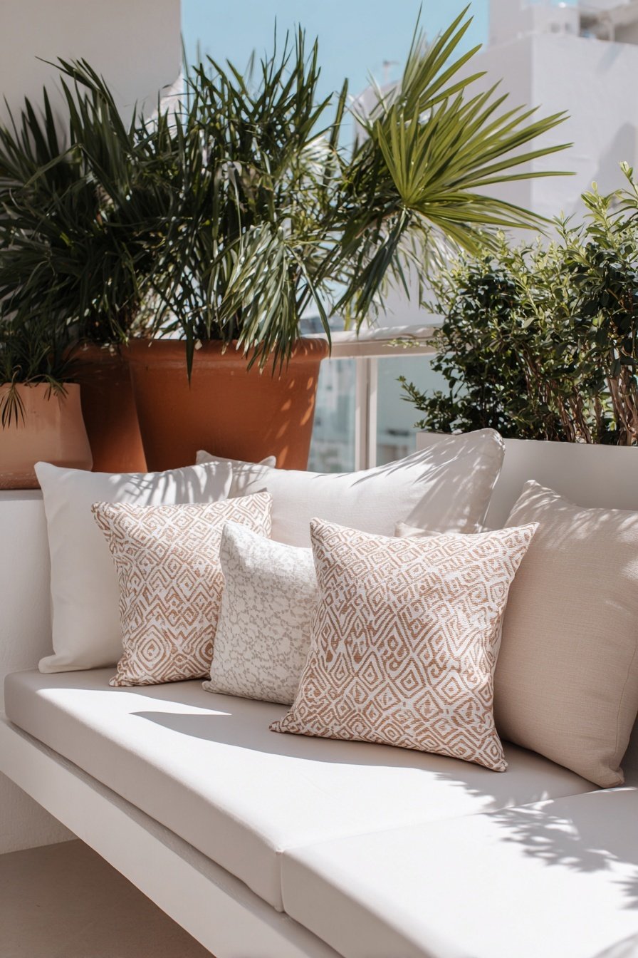 Gemütliche Sitzecke mit hellen Kissen und großen Pflanzen auf modernem Balkon