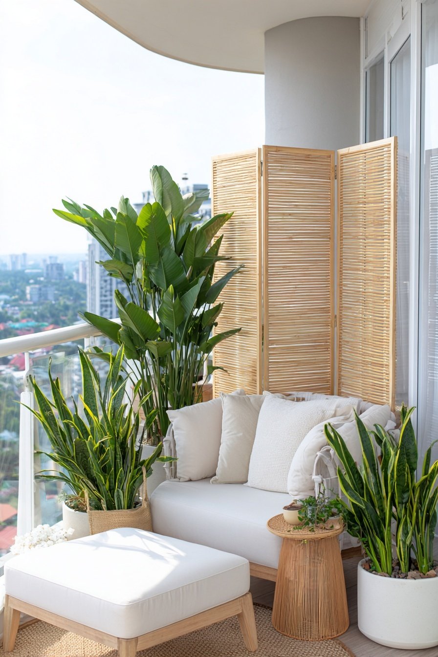 Moderner Balkon mit gemütlicher Sitzecke, Pflanzen und Sichtschutz aus Bambus