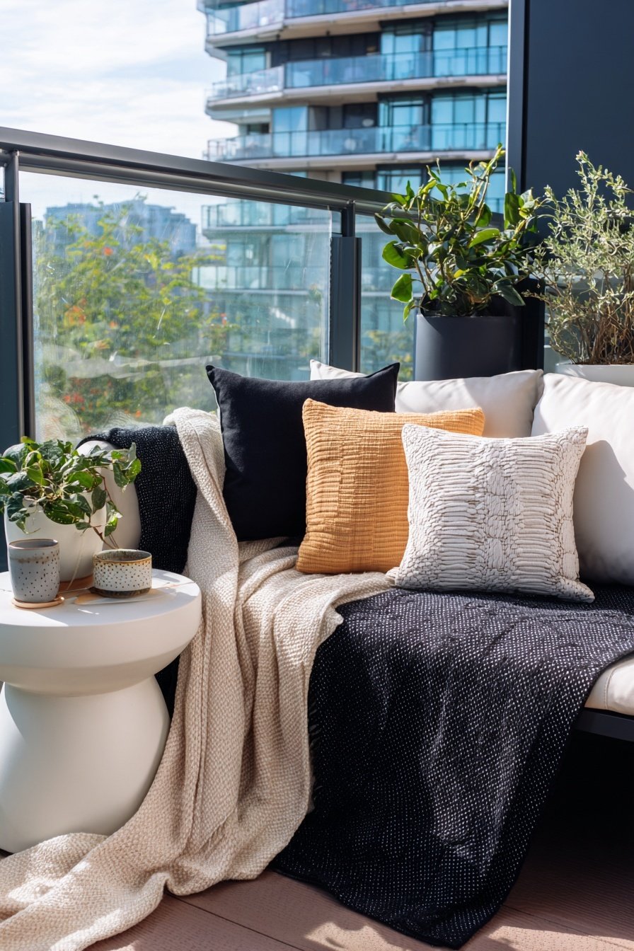 Moderner Balkon mit gemütlichem Sofa, Kissen, Decken, Pflanzen und Beistelltisch mit Tassen