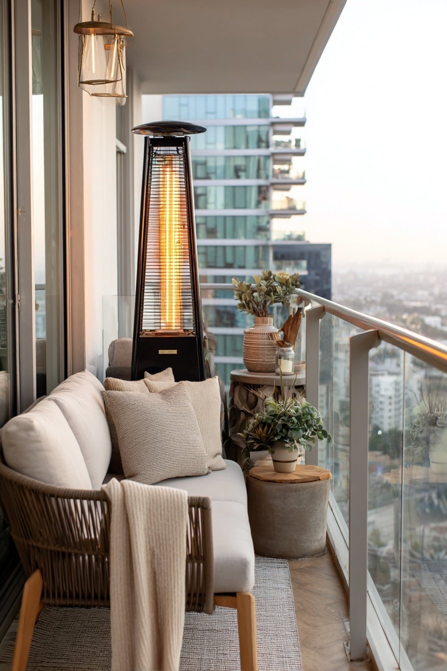 Moderner Balkon mit Heizstrahler, Lounge-Sofa und Pflanzen