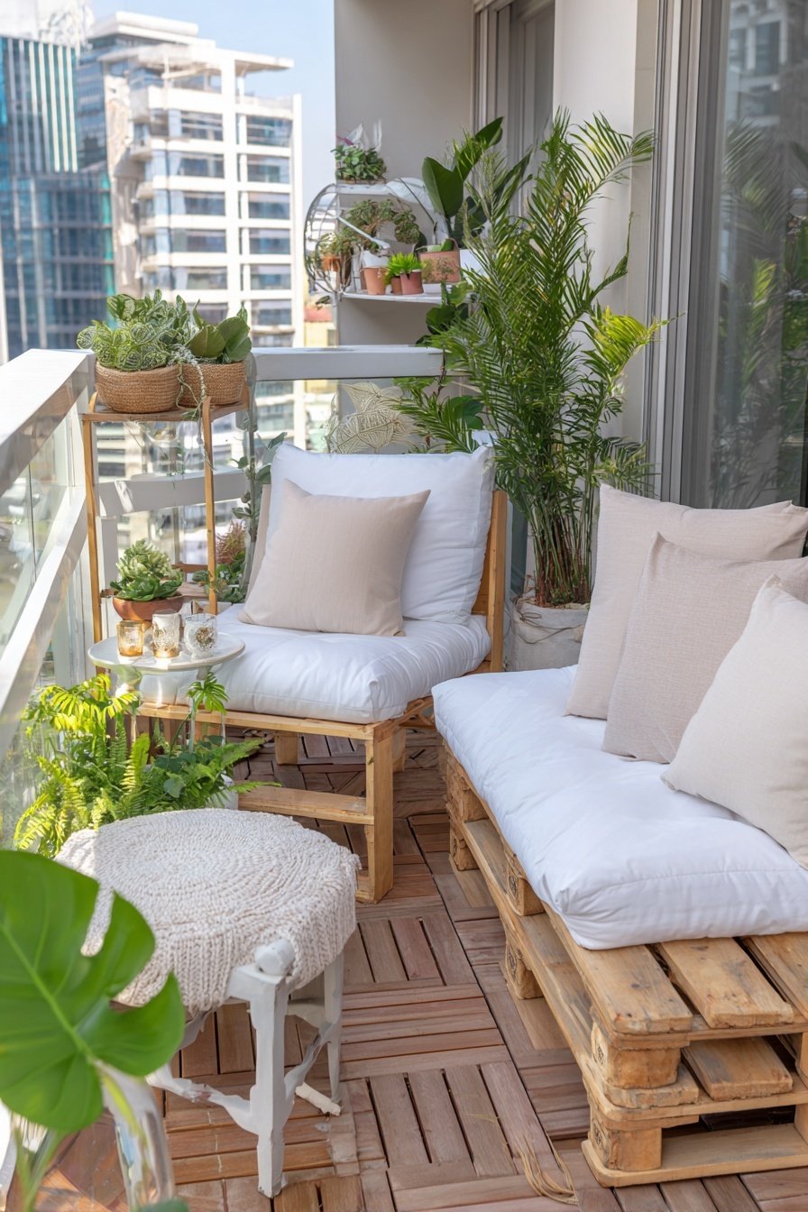 Gemütlich eingerichteter Balkon mit Palettenmöbeln, Pflanzen und Kissen