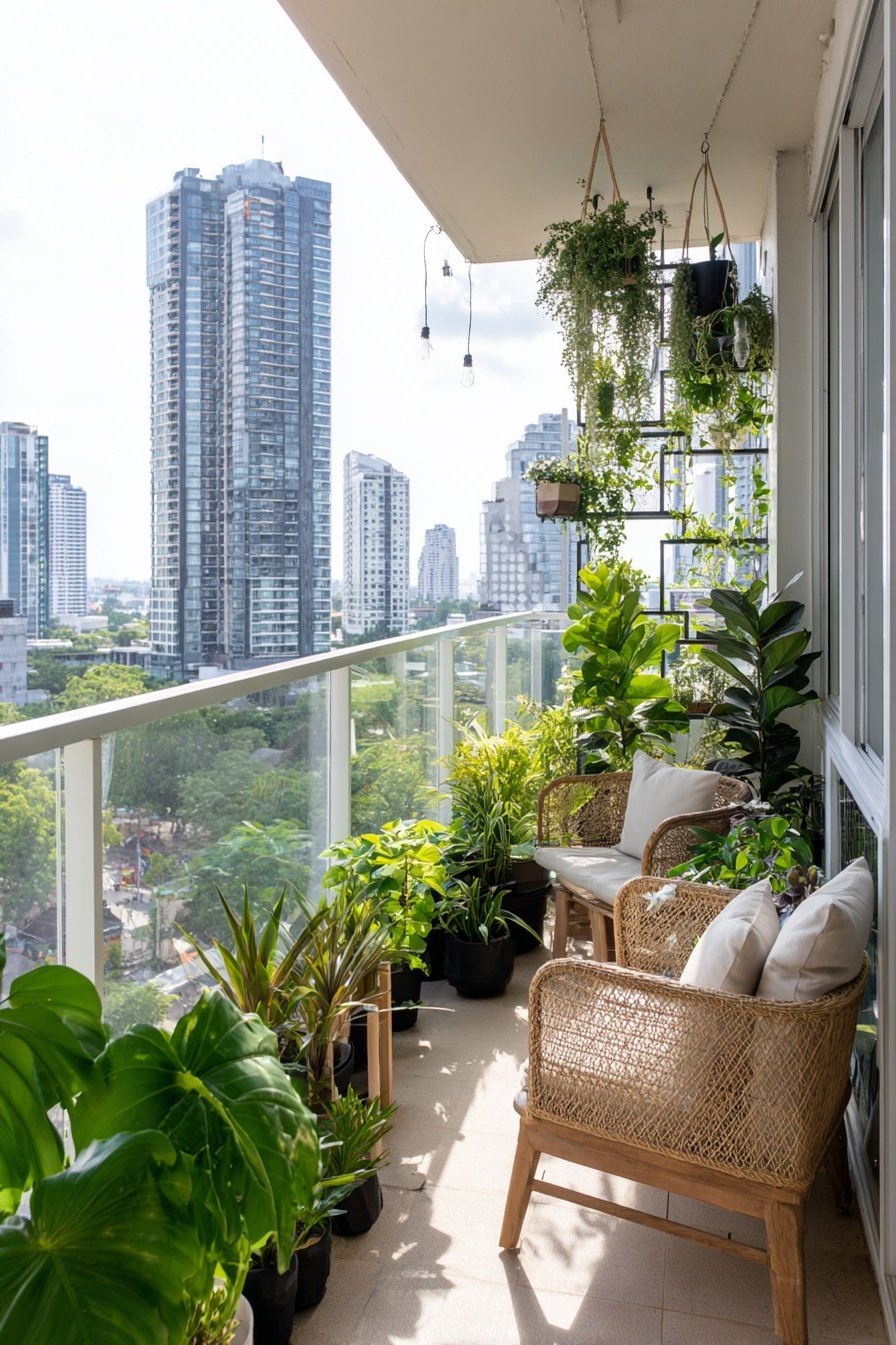 Moderner Balkon mit vielen Pflanzen, Rattansesseln und Stadtsicht