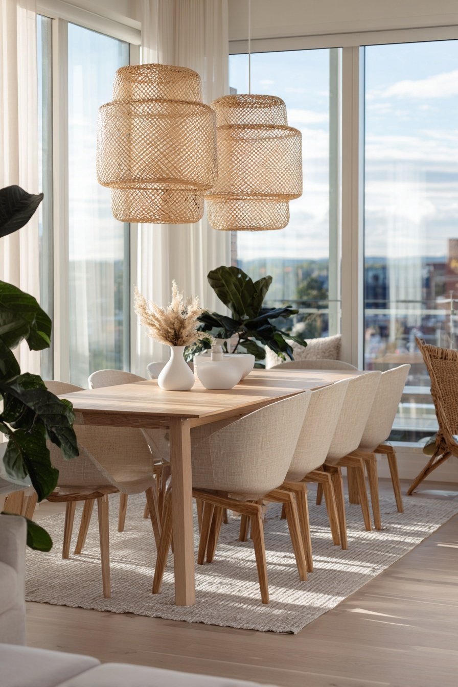 Moderner Essbereich mit hellen Möbeln, Rattanlampen und großen Fenstern