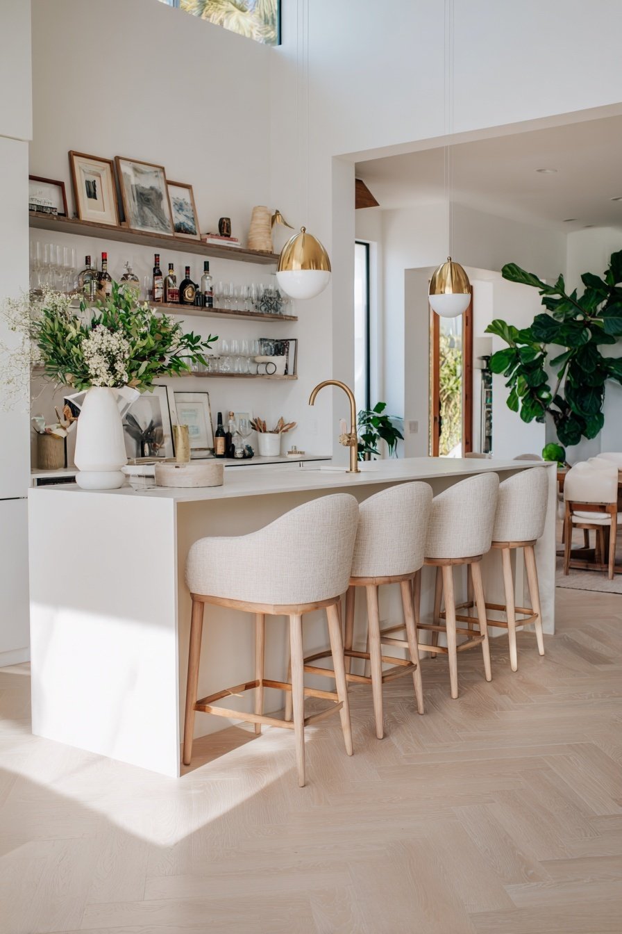 Helle Küche mit Barhockern, offenen Regalen, Deko und goldenen Pendelleuchten