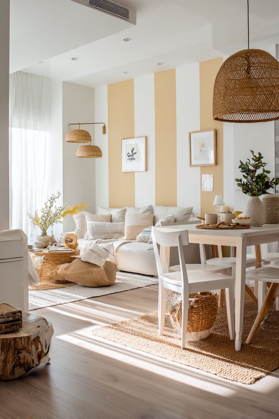 Gemütlicher, heller Wohn-Essbereich mit Naturmaterialien und weiß-beigen Farbtönen