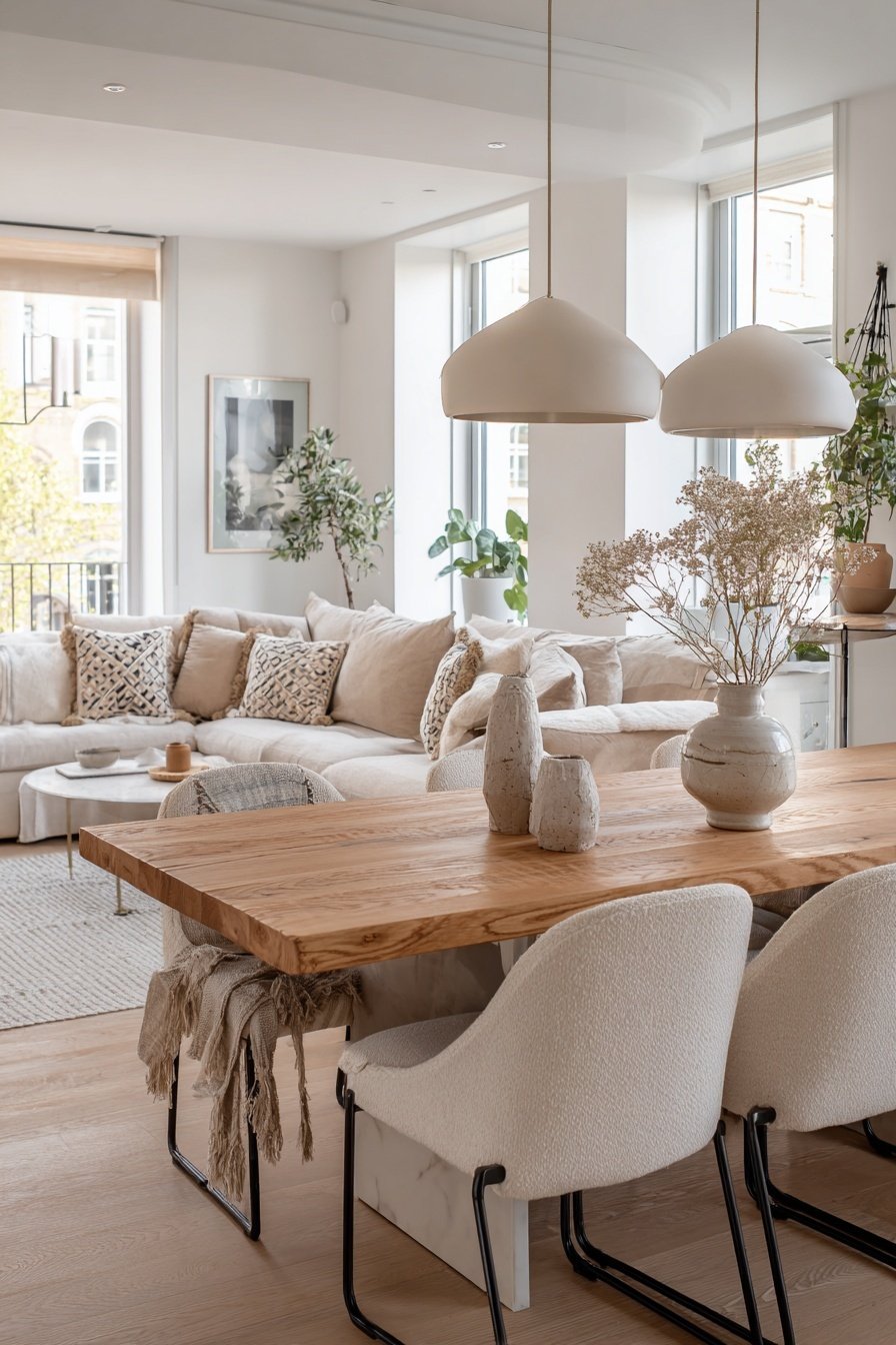 Gemütlich eingerichteter Wohn-Essbereich mit Holztisch, heller Couch und großen Fenstern