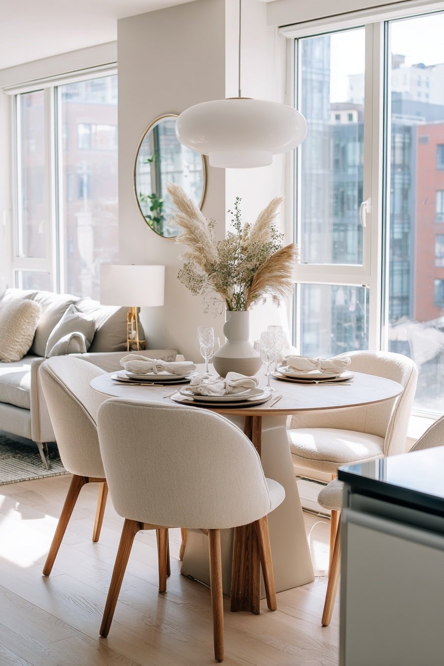 Moderner Wohn-Essbereich mit hellem runden Esstisch, beige gepolsterten Stühlen und Trockenblumen in Vase