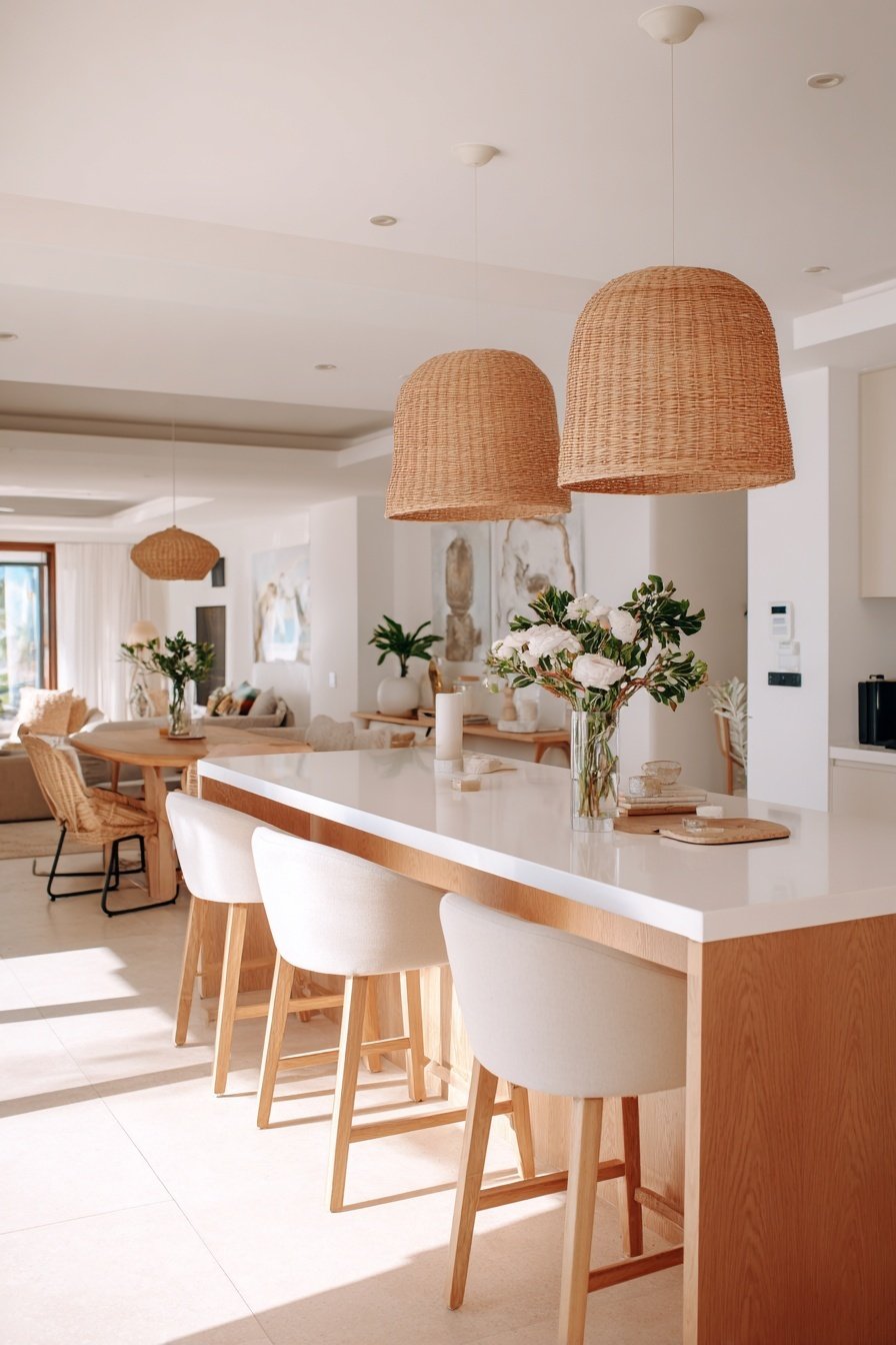 Heller, moderner Wohn-Essbereich mit Naturmaterialien und stilvoller Einrichtung