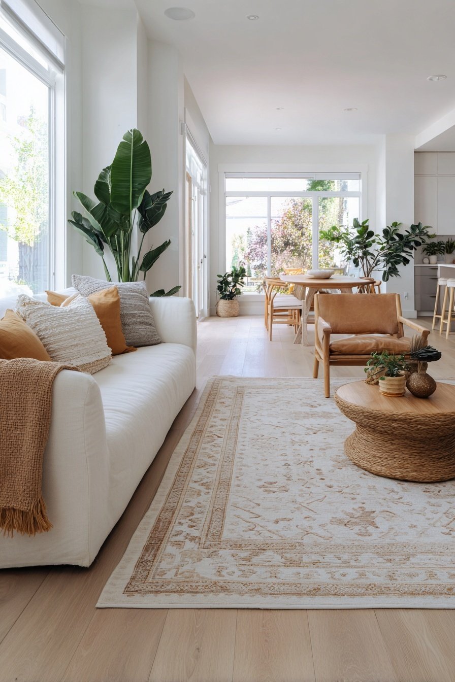 Gemütlicher, heller Wohn-Essbereich mit Sofa, Teppich und Holzmöbeln