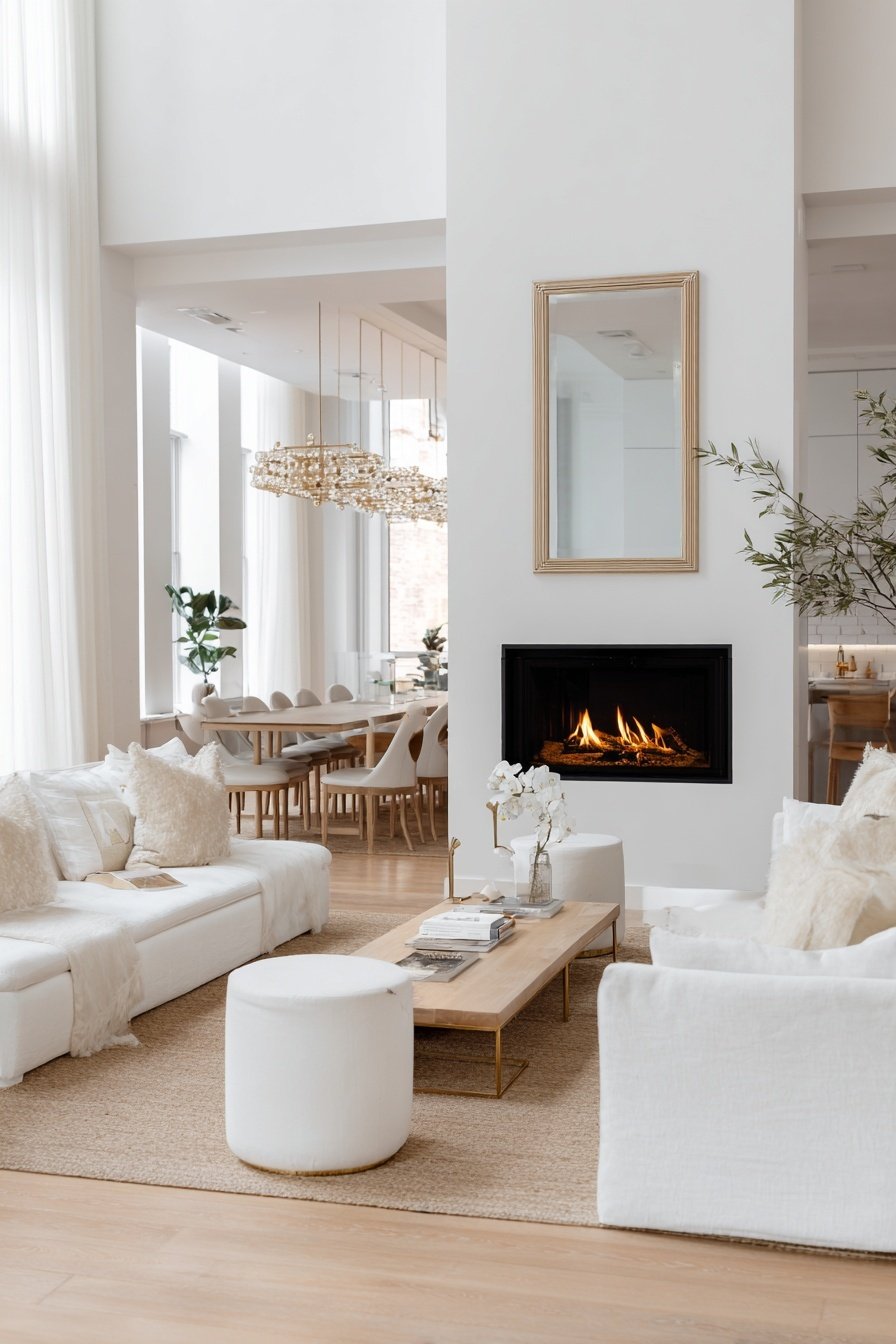 Heller und stilvoll eingerichteter offener Wohn-Essbereich mit Kamin