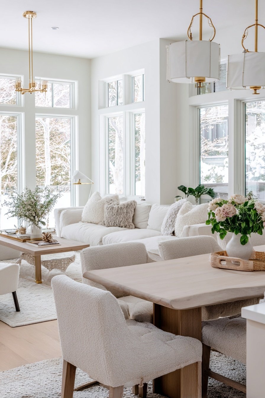 Offener Wohn-Essbereich mit heller Einrichtung, großem Sofa, Holztisch und viel Tageslicht