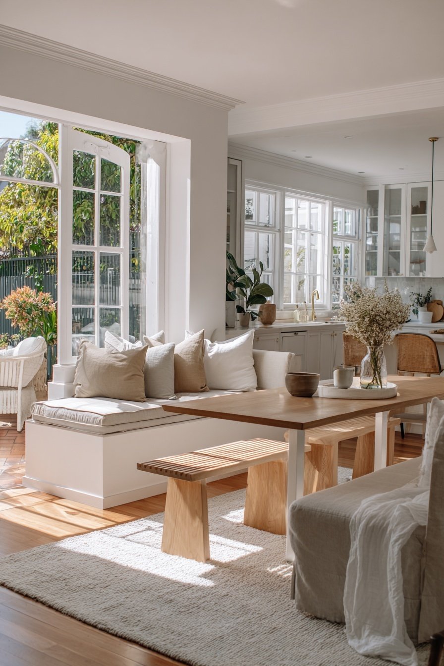 Heller offener Wohn-Essbereich mit Holztisch, Bank und Sitzfenster