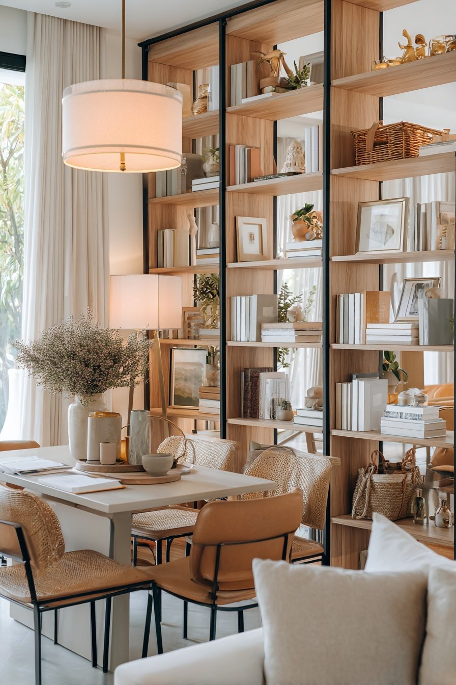 Heller Essbereich mit Regalwand, Holzmöbeln und sanften Naturtönen