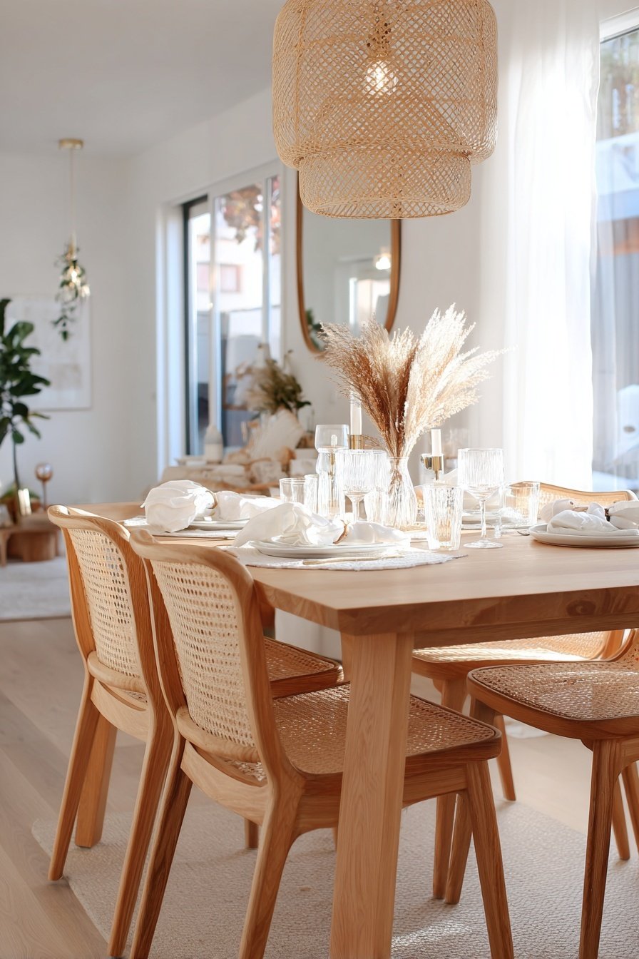 Essbereich mit Holzstuhl-Set, gedecktem Tisch und natürlicher Deko in hellem, offenem Raum