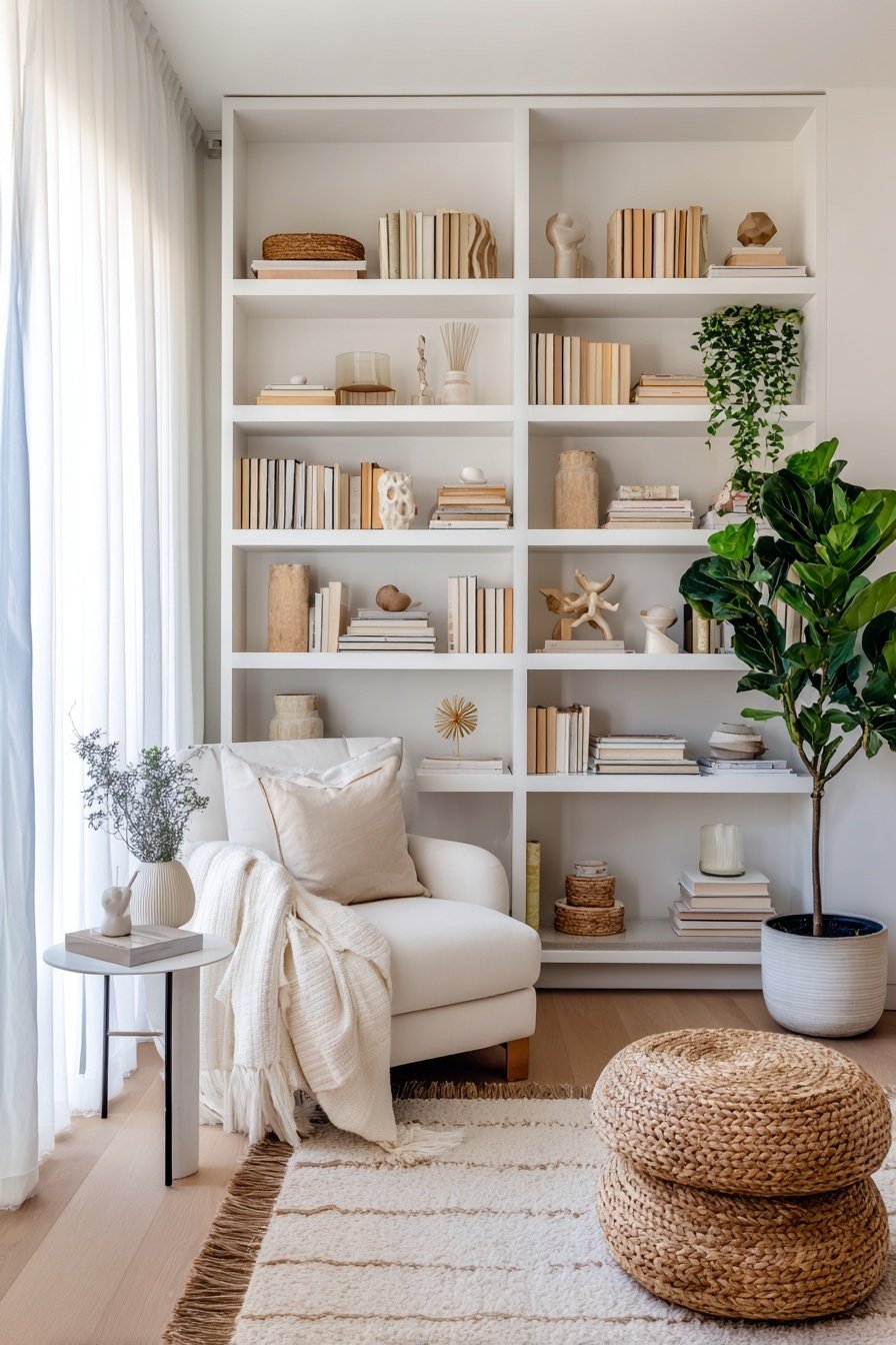 Gemütliche Leseecke mit offener Regalwand, Sessel und natürlichen Dekoelementen