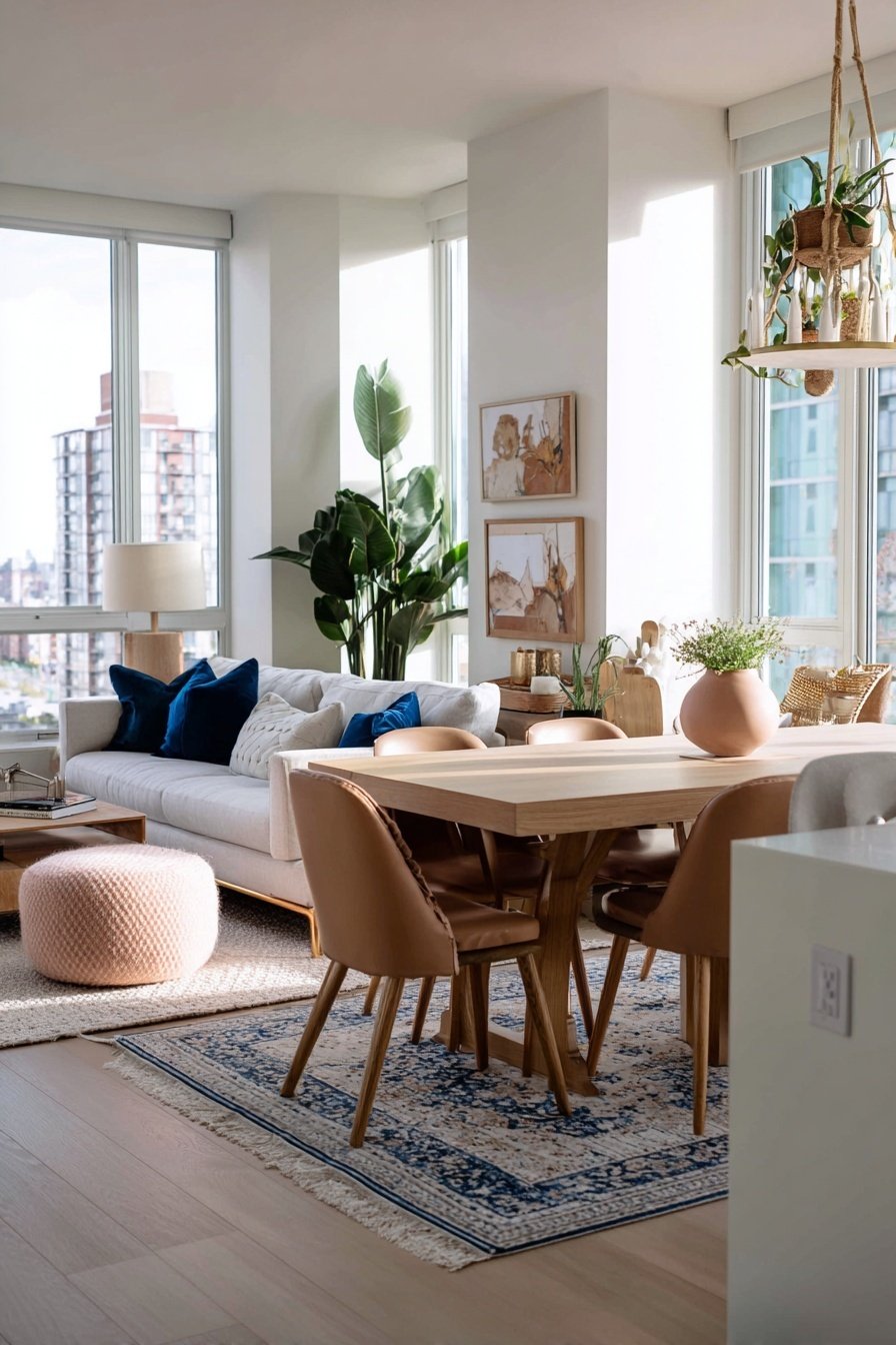 Heller Wohn-Essbereich mit Holztisch, beigem Sofa, Pflanzen und urbaner Aussicht