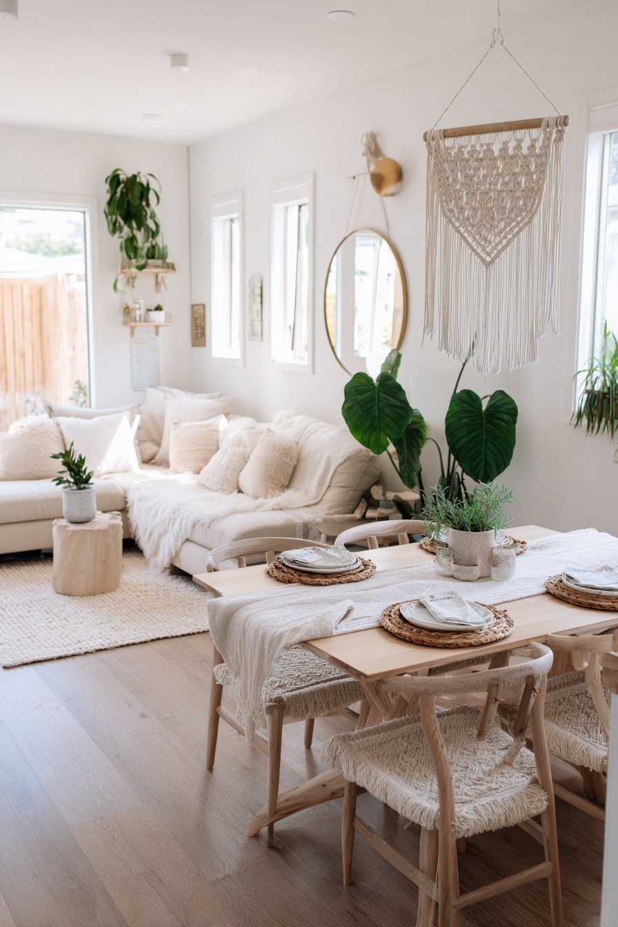 Heller, offener Wohn-Essbereich mit Holzmöbeln, Pflanzen und Naturmaterialien