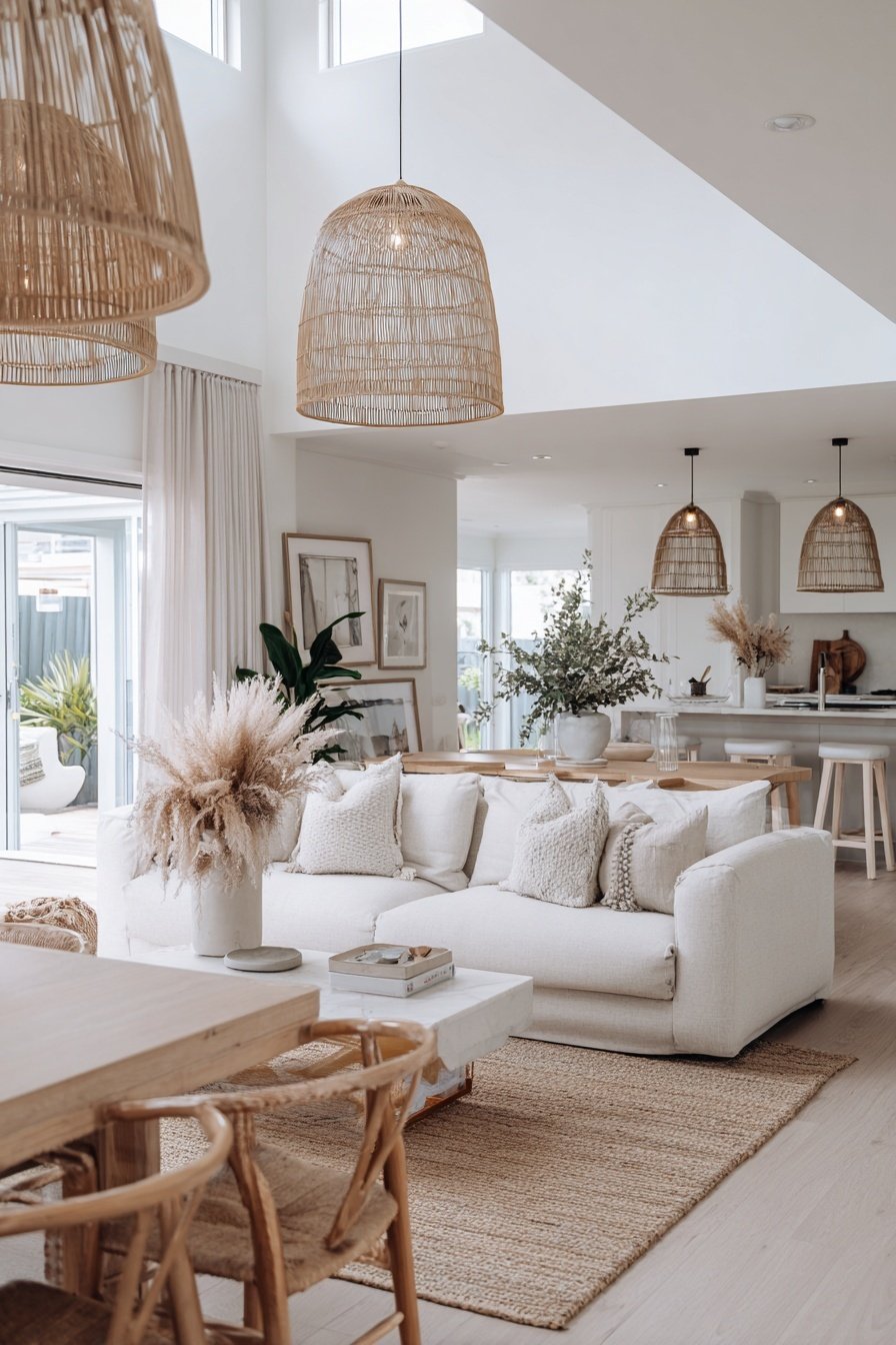 Heller, offener Wohn-Essbereich in Naturtönen mit Rattanhängelampen, gemütlichem Sofa und Essbereich