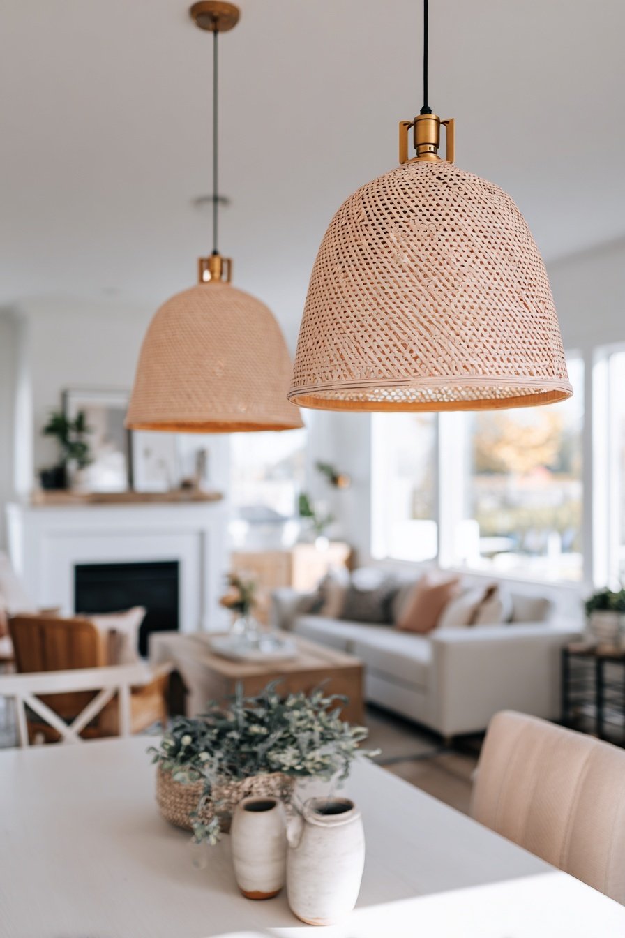 Gemütlicher offener Wohn- und Essbereich mit Naturmaterialien und warmem Licht