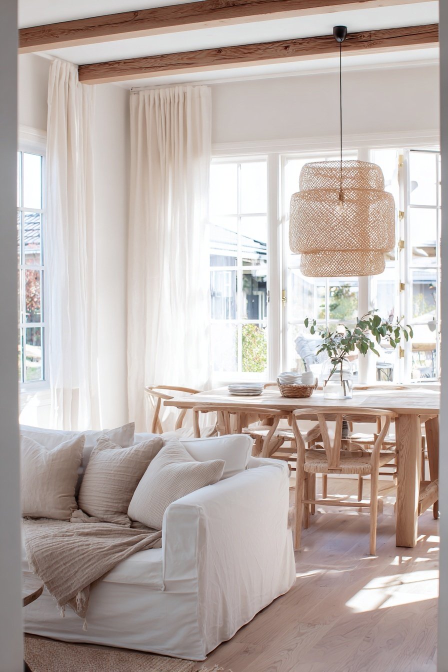 Heller Wohn-Essbereich mit Sofa, Holztisch und großen Fenstern