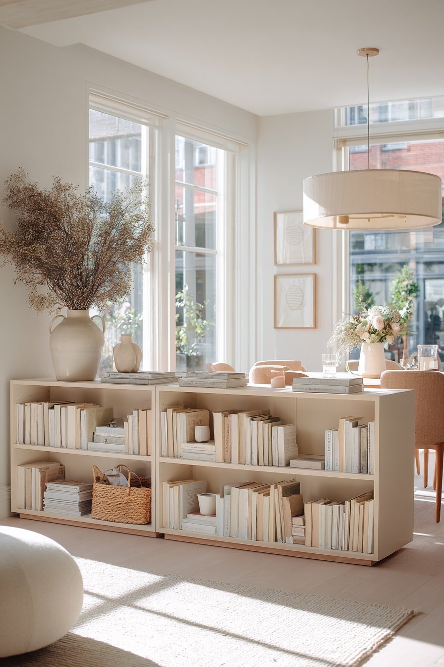 Heller Wohn-Essbereich mit Bücherregal, Trockenblumen und großen Fenstern