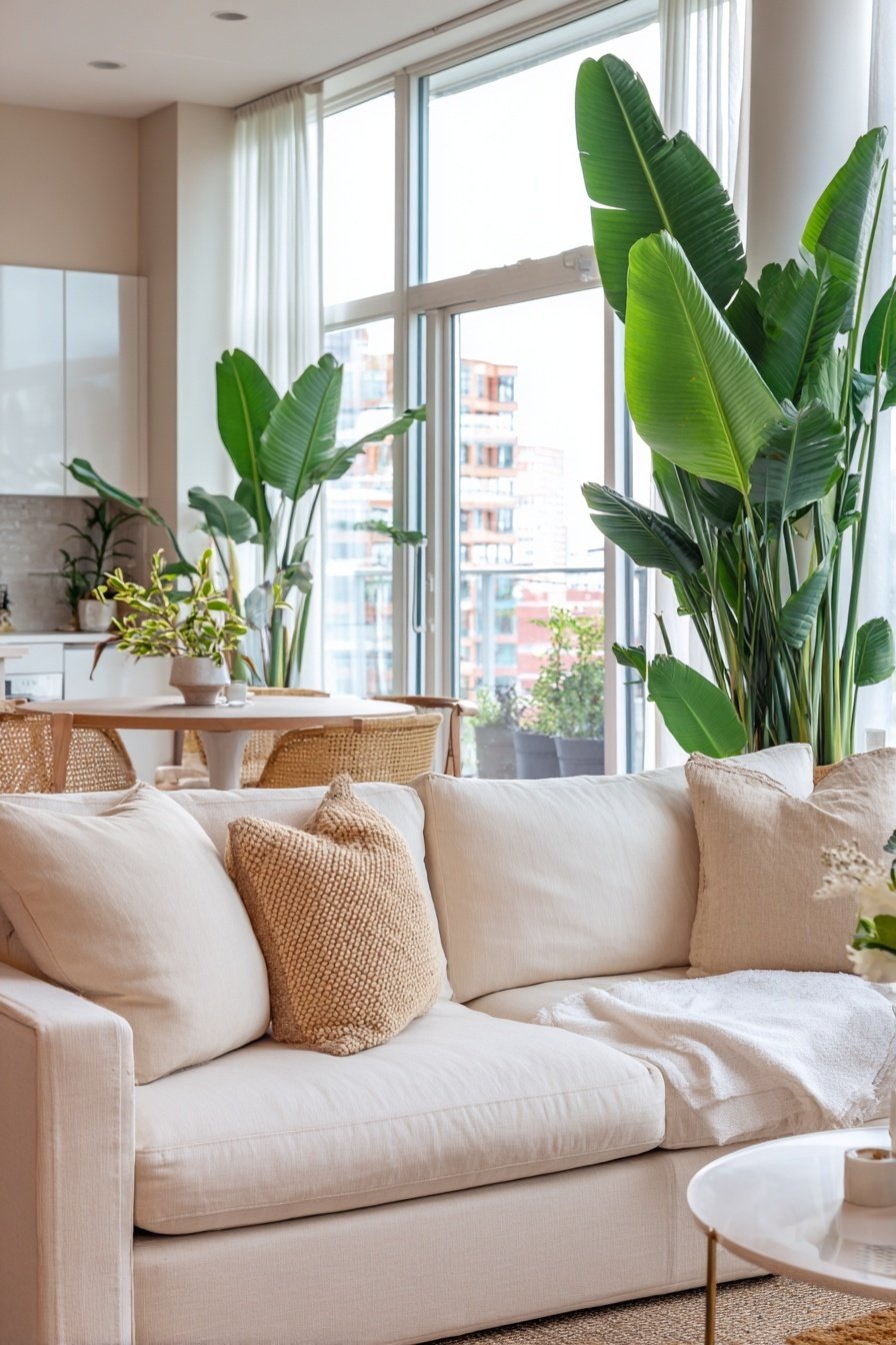 Moderner offener Wohn-Essbereich mit beiger Couch, großem Pflanzenarrangement und Essplatz im Hintergrund