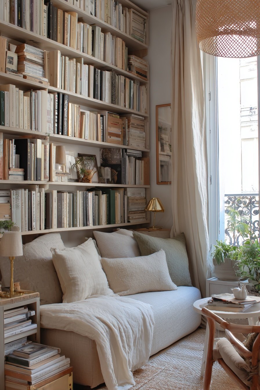 Schmales Wohnzimmer mit Bücherwand, hellem Sofa und natürlicher Deko