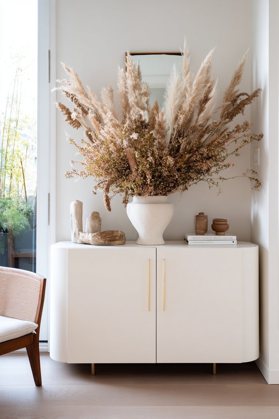 Dekorativer Trockenblumenstrauß auf hellem Sideboard in modernem Wohnzimmer