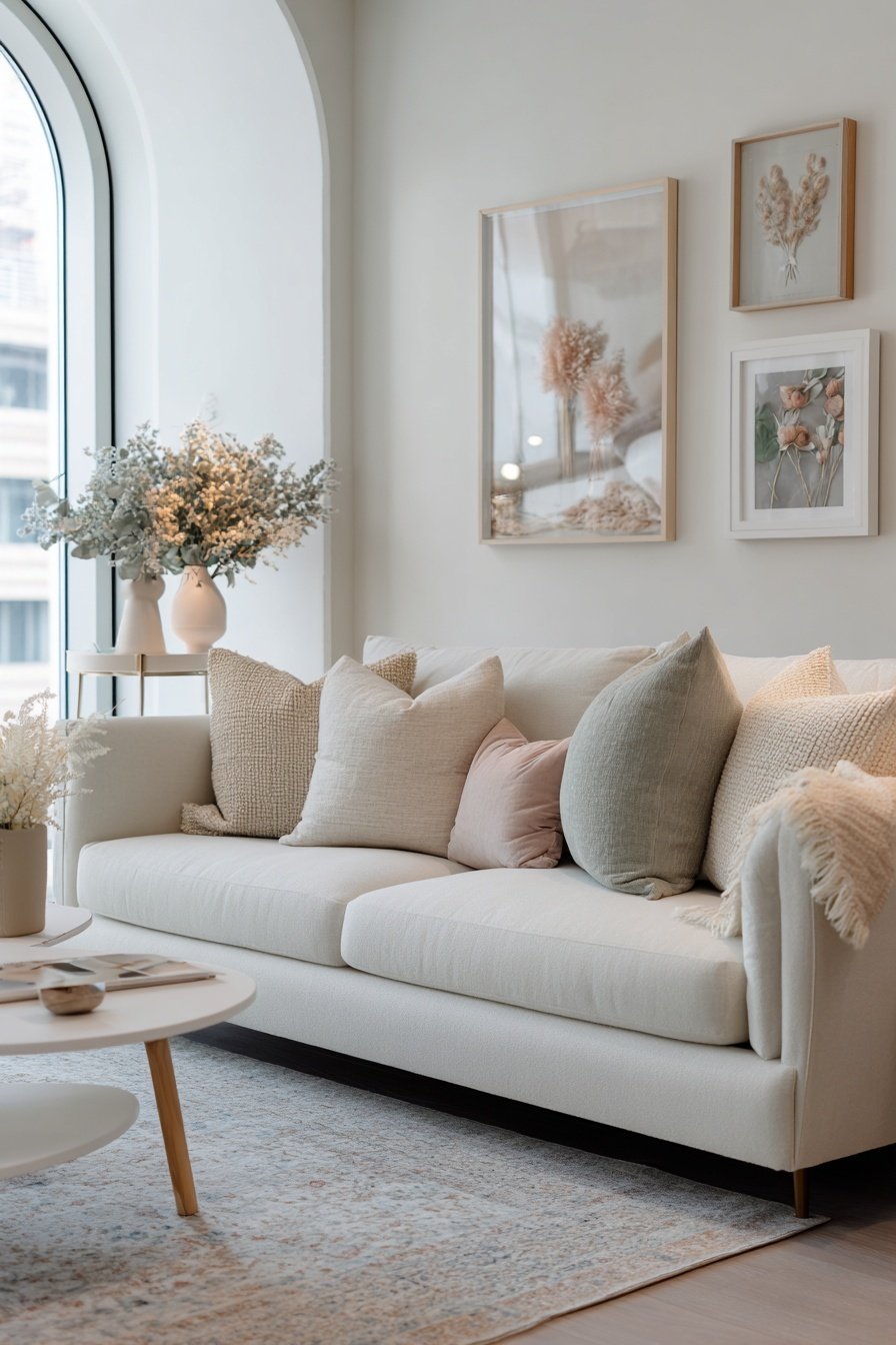 Helles, schmales Wohnzimmer mit beigem Sofa, pastelligen Kissen und dezenter Wanddeko