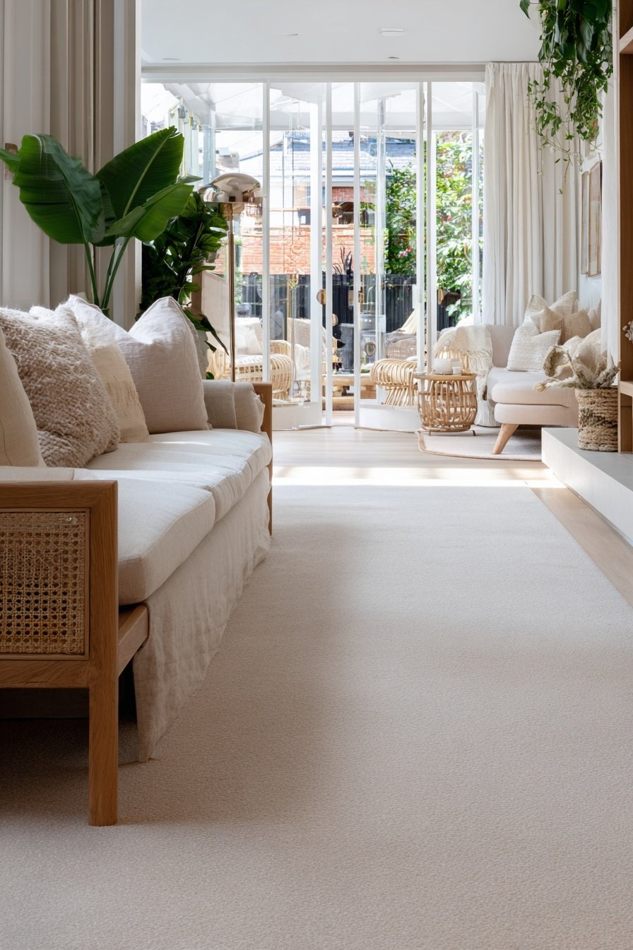 Helles, schmal geschnittenes Wohnzimmer mit gemütlicher Einrichtung und viel Tageslicht