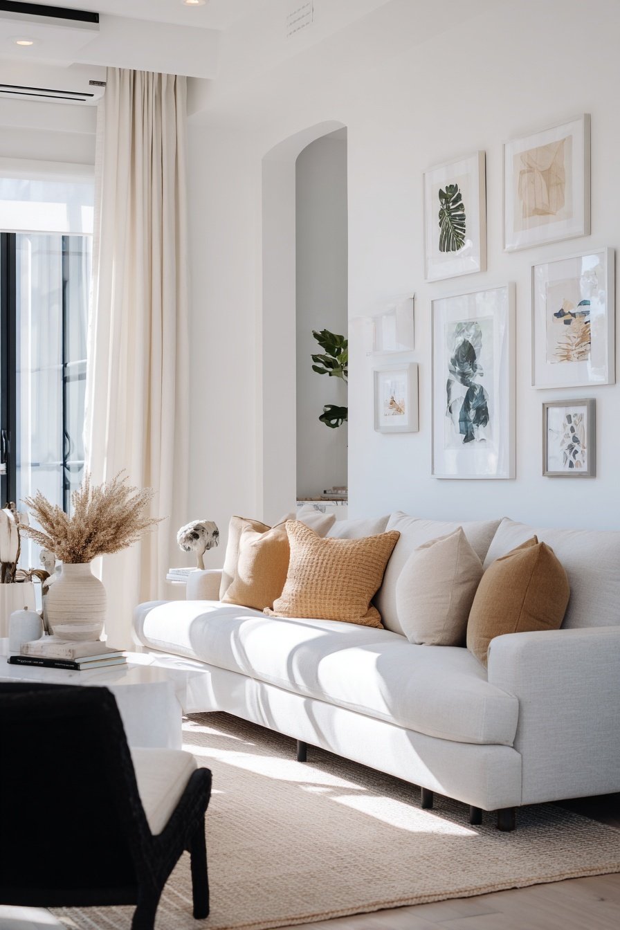 Helles, schmales Wohnzimmer mit beigem Sofa, Naturtextilien und Wandbildern