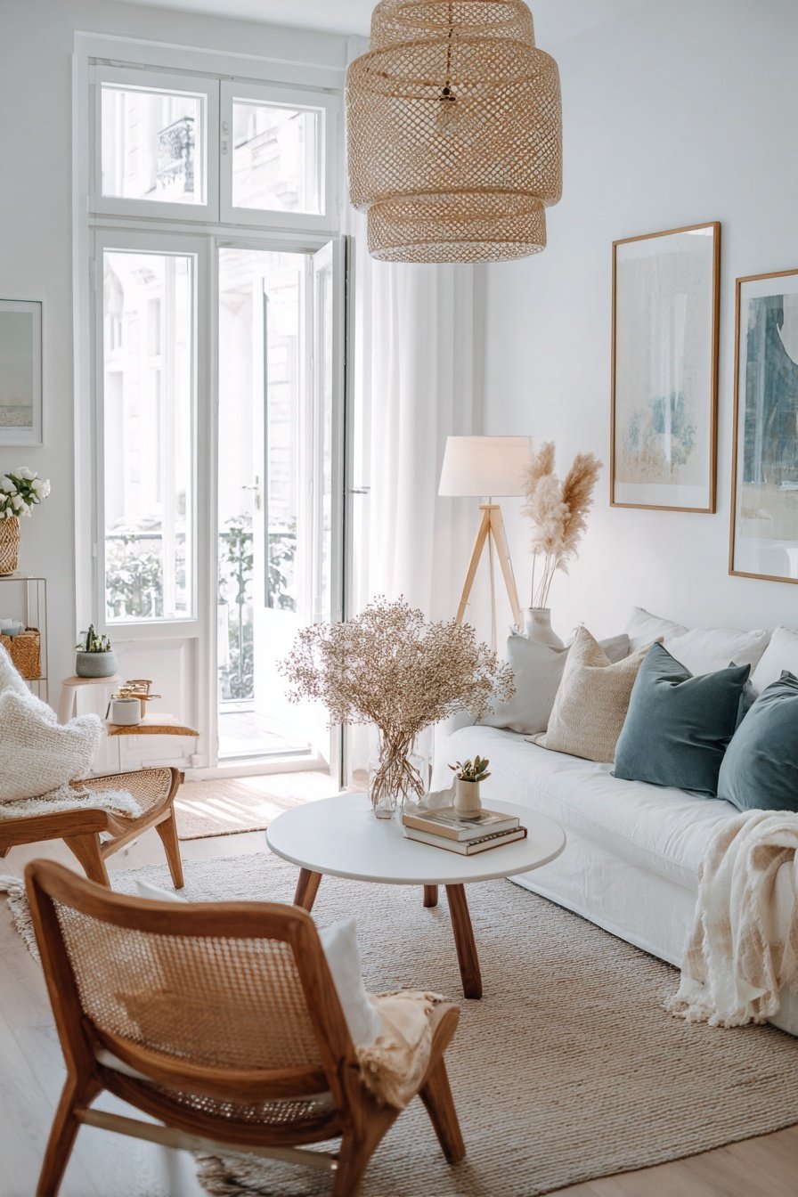 Helles Wohnzimmer mit weißen Wänden, Naturmaterialien und minimalistischer Einrichtung