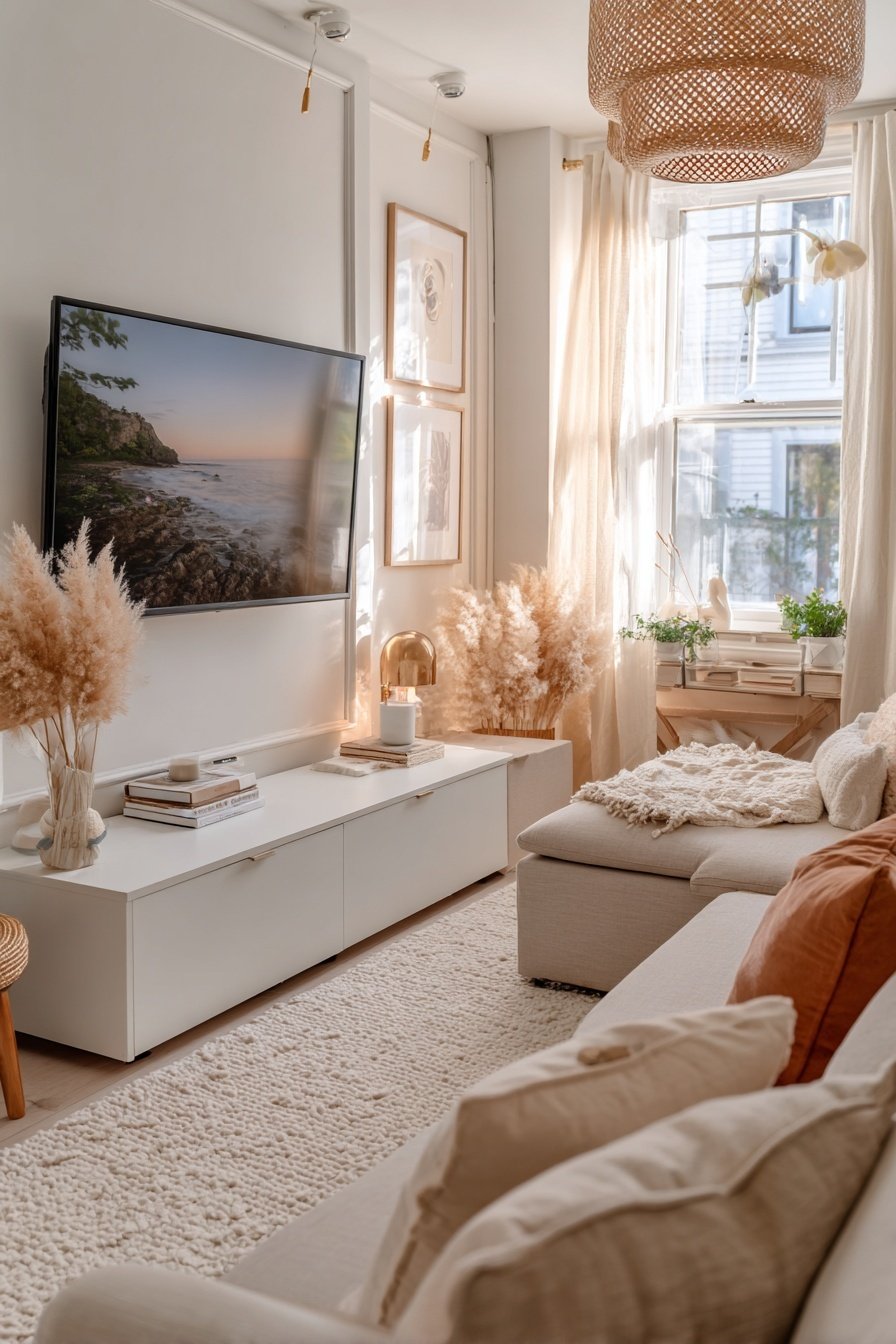 Hell eingerichtetes, schmales Wohnzimmer mit TV, Deko und bodentiefem Fenster