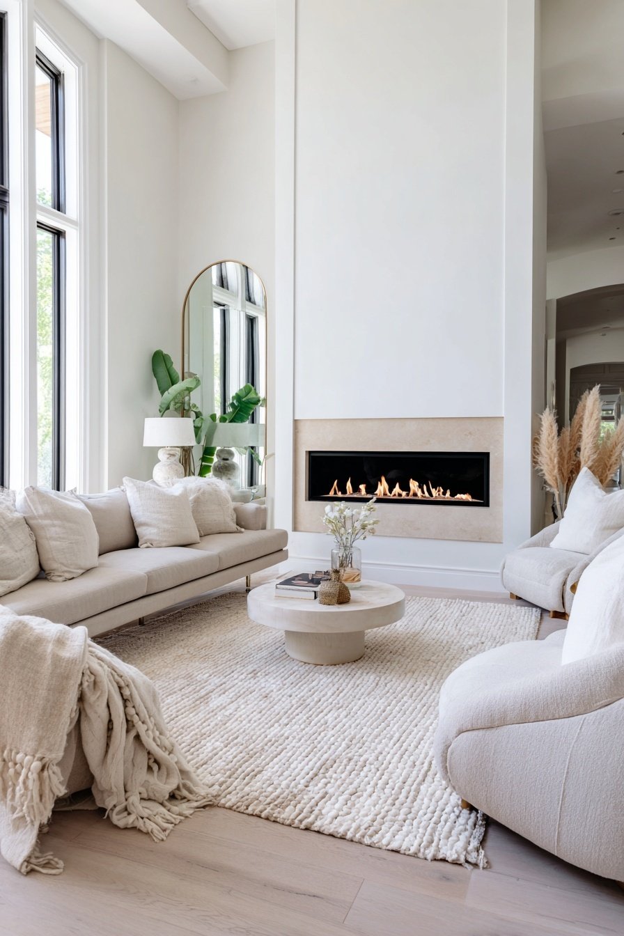 Helles schmales Wohnzimmer mit Kamin, Sofa, Teppich und Spiegel