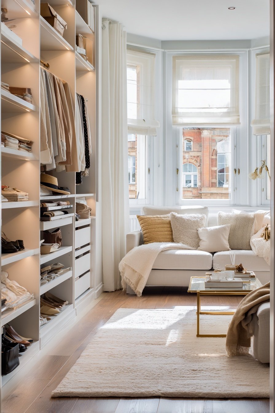 Helles, schmales Wohnzimmer mit offenem Kleiderschrank und gemütlicher Couch vor einem Erkerfenster