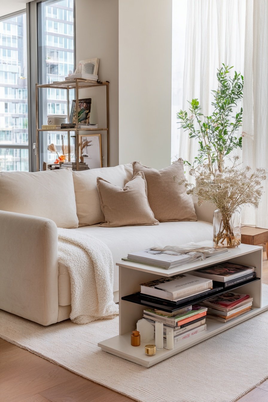 Helles, schmales Wohnzimmer mit beigem Sofa, Bücherregal und dekorativen Pflanzen