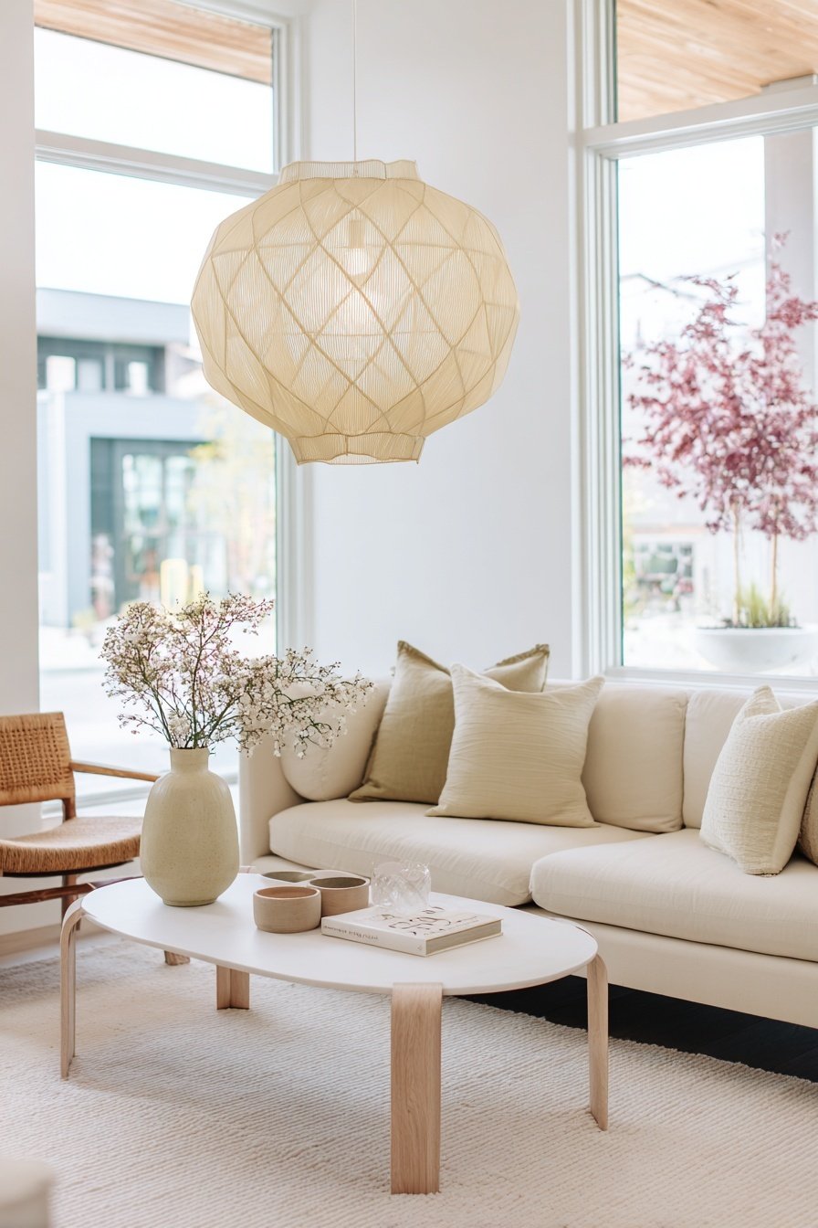 Helles schmales Wohnzimmer mit Sofa, Holzstuhl, ovalem Tisch und großer Papierlampe