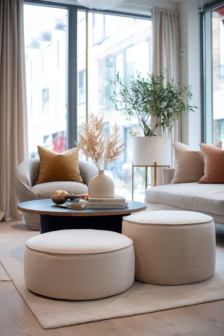 Modern eingerichtetes schmales Wohnzimmer mit runden Hockern, Pflanzen und neutralen Farbtönen