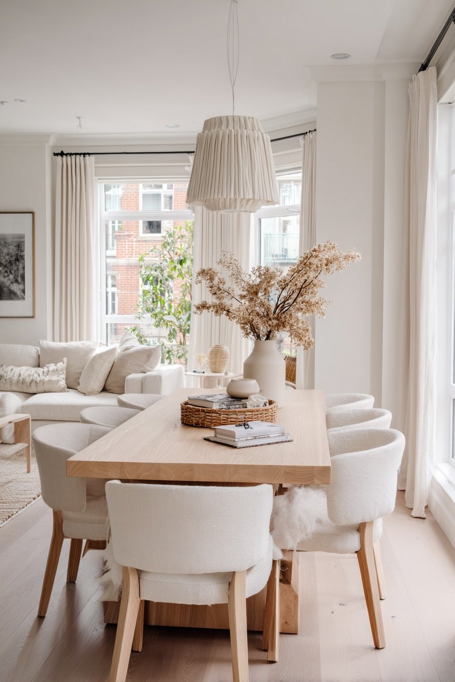 Helles, schmal geschnittenes Wohnzimmer mit Holztisch, gepolsterten Stühlen und beiger Sofa-Ecke