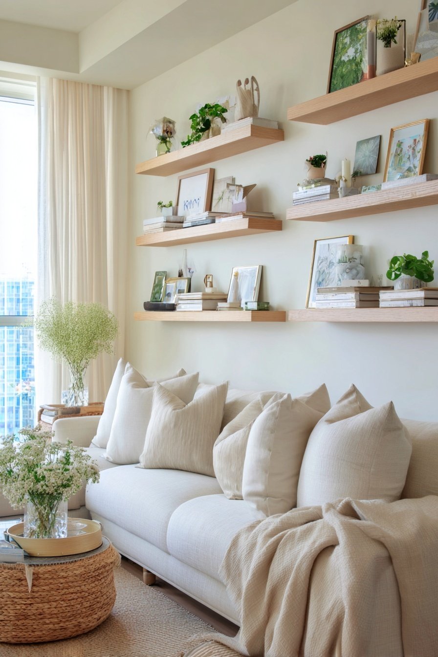 Helles, schmales Wohnzimmer mit Wandregalen, weißen Kissen und Naturdeko