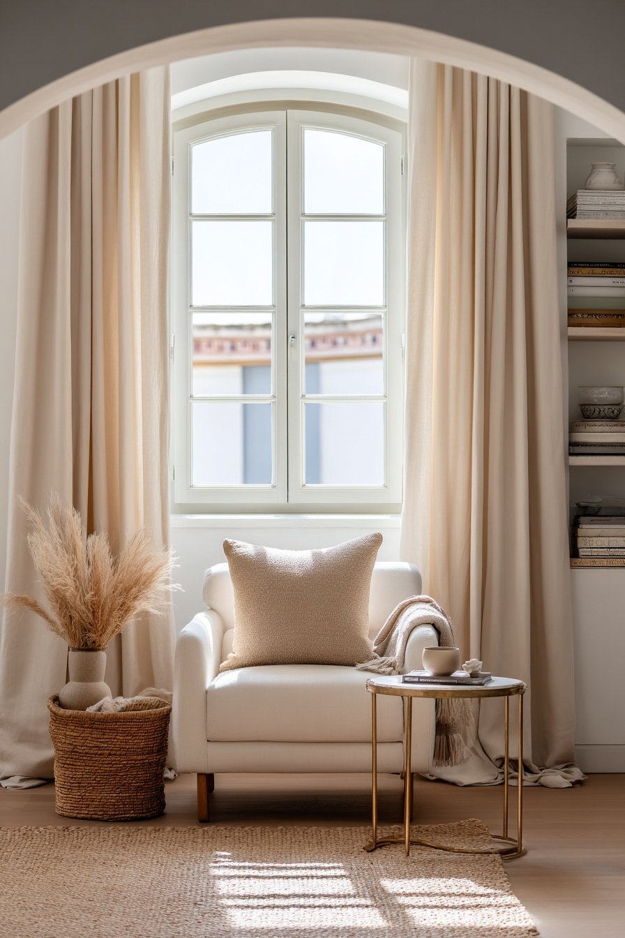 Heller Sessel vor einem Fenster mit lichtdurchfluteten Vorhängen in einem schmalen Wohnzimmer