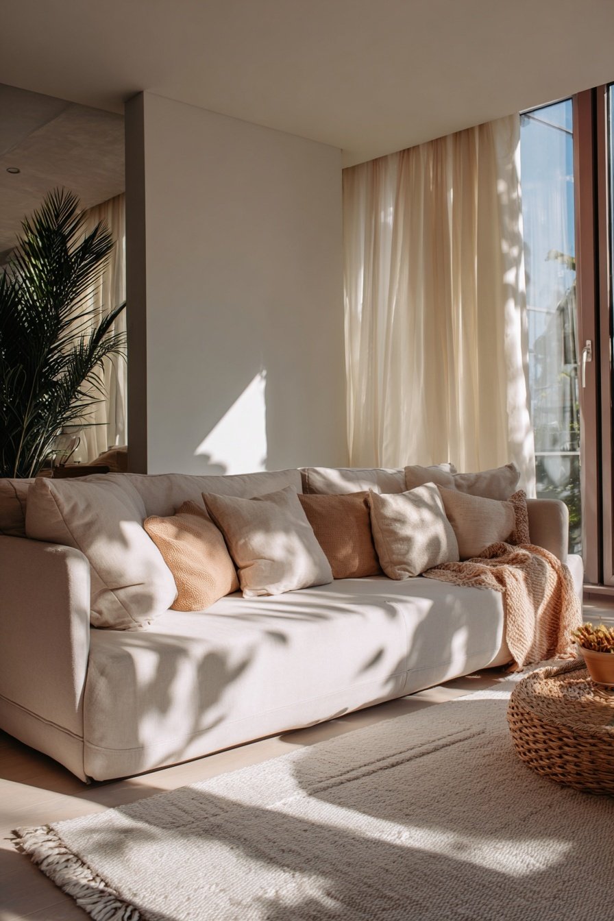 Helles Sofa mit Kissen und Decke in einem sonnendurchfluteten schmalen Wohnzimmer