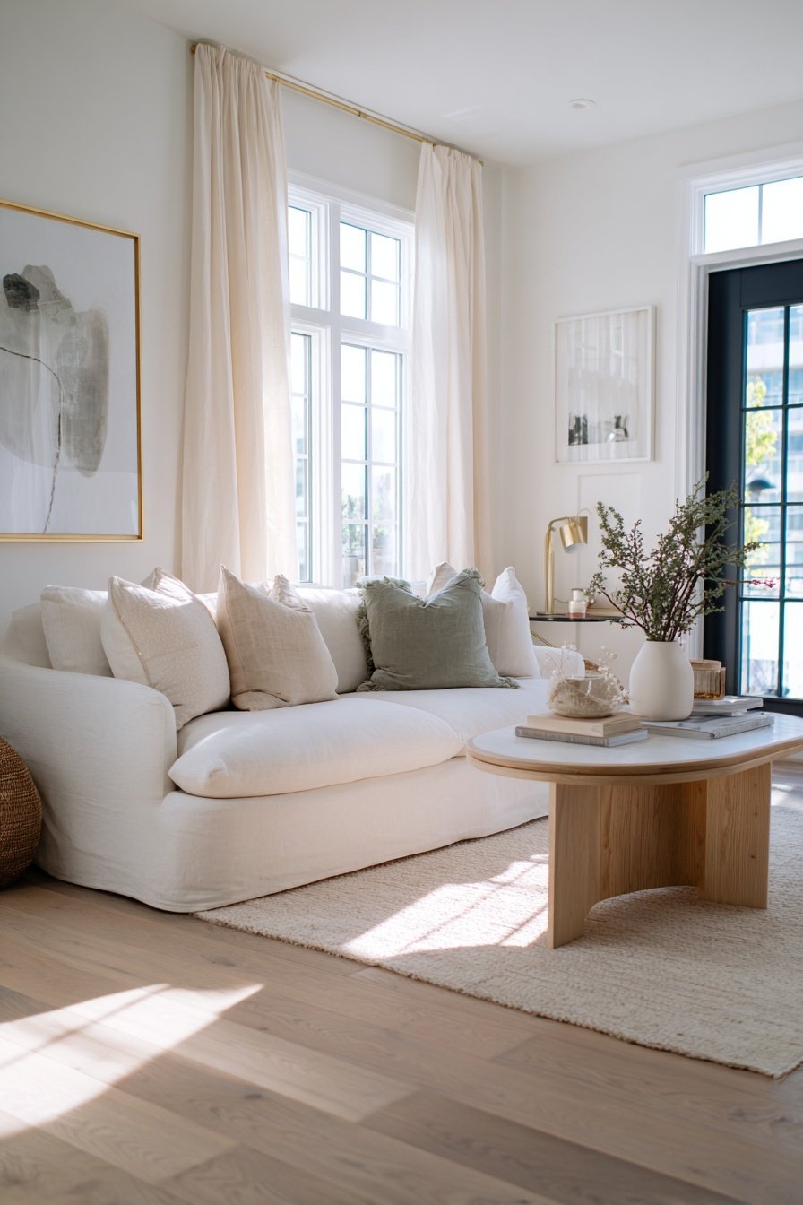 Helles Wohnzimmer mit cremefarbenem Sofa, Holztisch und großen Fenstern