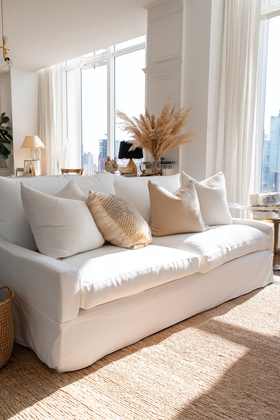 Helles, elegant eingerichtetes Wohnzimmer mit weißem Sofa und bodentiefen Fenstern