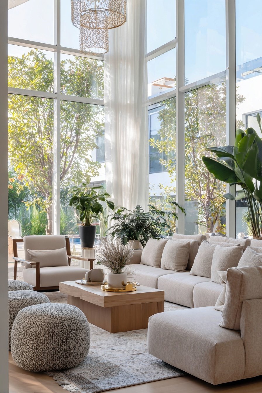 Helles, schmal geschnittenes Wohnzimmer mit bodentiefen Fenstern, beigen Möbeln und vielen Pflanzen
