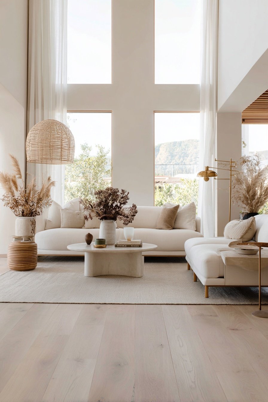 Helles, modern eingerichtetes Wohnzimmer mit hohen Fenstern und Naturtönen