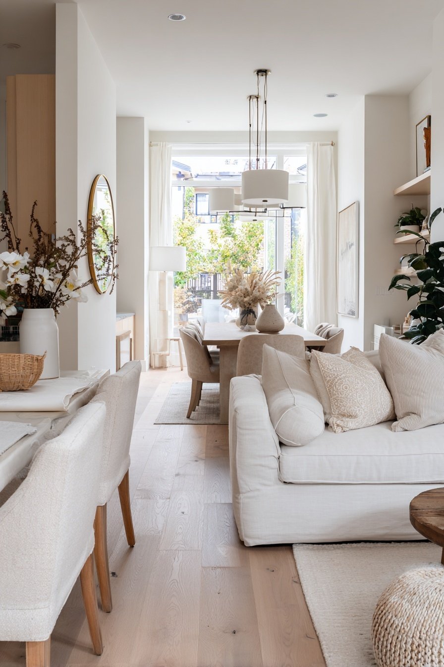 Helles, schmal geschnittenes Wohnzimmer mit Essbereich, Naturtönen und gemütlicher Einrichtung